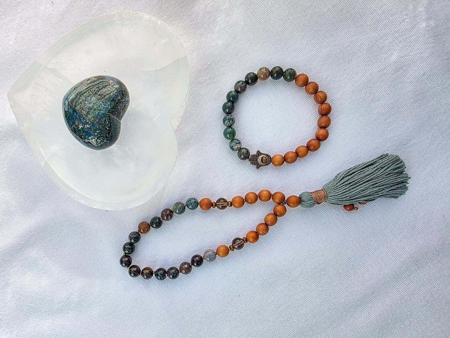 Sandalwood & Indian Agate Mala Necklace  108 Bead Meditation Mala, Grounding Yoga Prayer Beads with Tassel