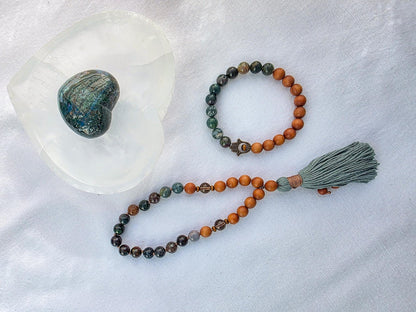 Sandalwood & Indian Agate Mala Necklace  108 Bead Meditation Mala, Grounding Yoga Prayer Beads with Tassel