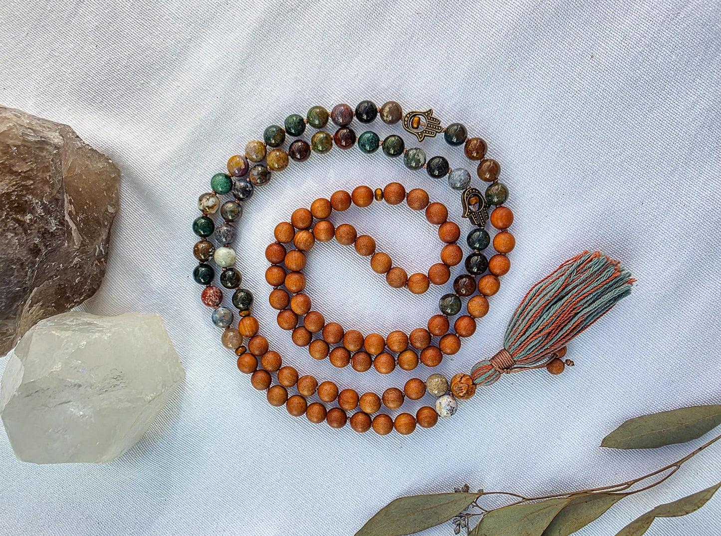 Sandalwood & Indian Agate Mala Necklace  108 Bead Meditation Mala, Grounding Yoga Prayer Beads with Tassel