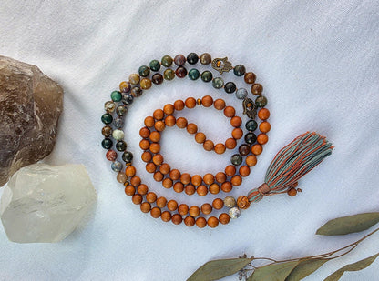 Sandalwood & Indian Agate Mala Necklace  108 Bead Meditation Mala, Grounding Yoga Prayer Beads with Tassel