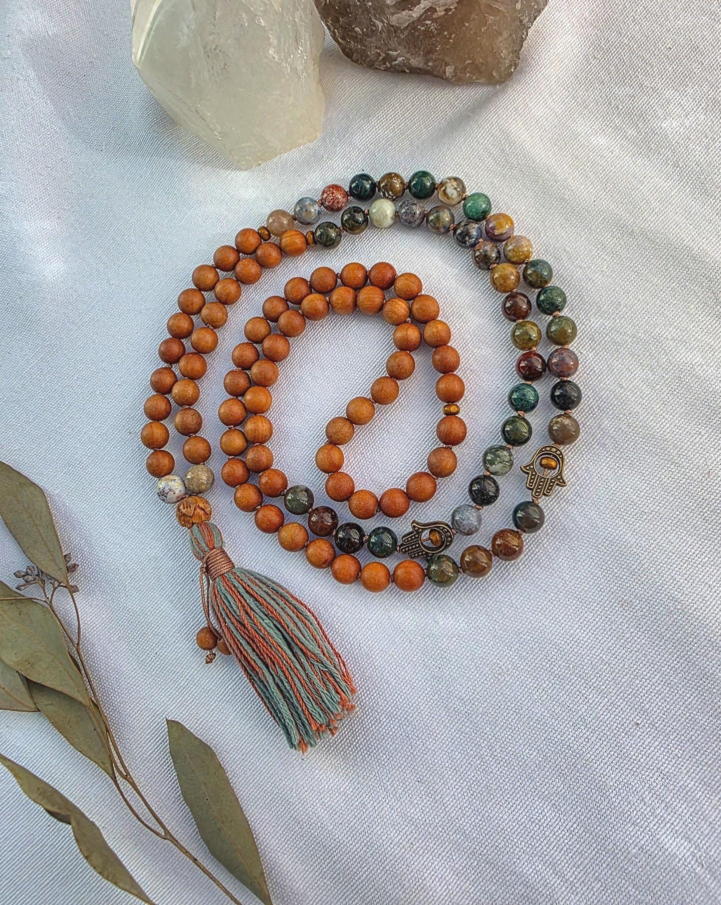 Sandalwood & Indian Agate Mala Necklace  108 Bead Meditation Mala, Grounding Yoga Prayer Beads with Tassel