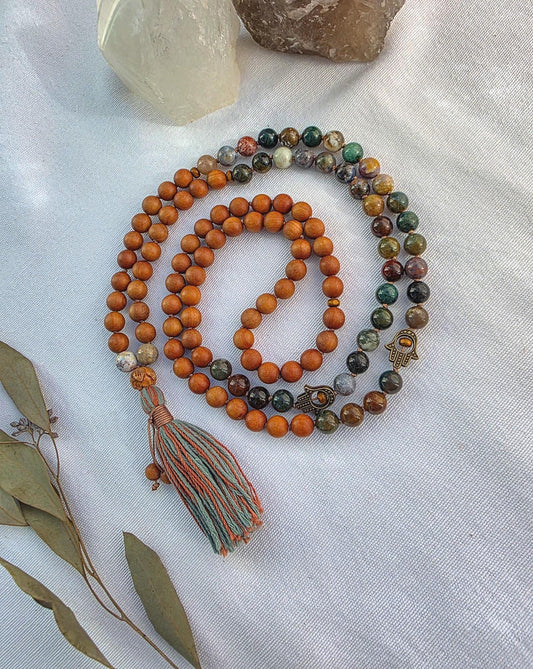 Sandalwood & Indian Agate Mala Necklace  108 Bead Meditation Mala, Grounding Yoga Prayer Beads with Tassel