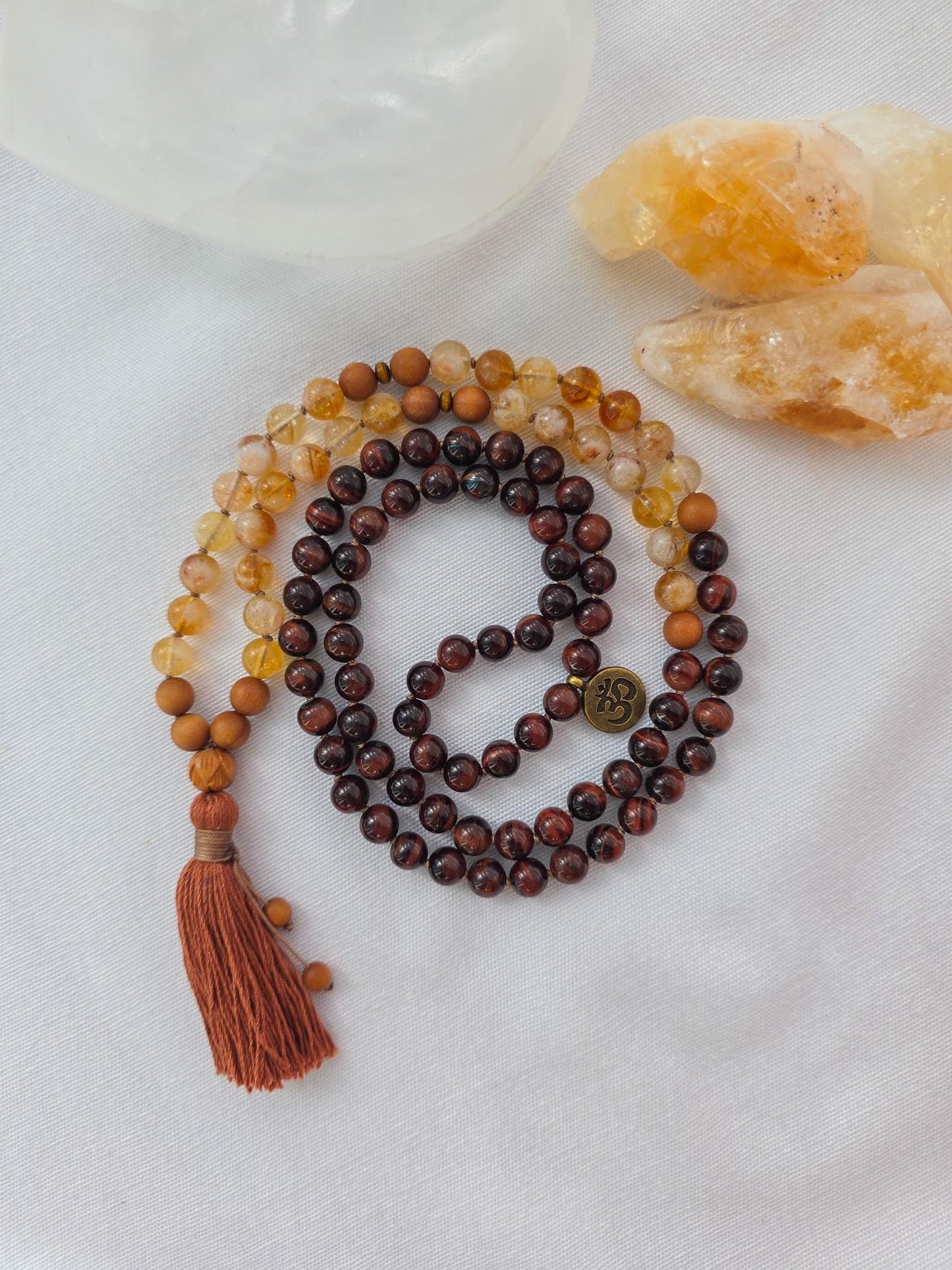 Fire Energy Mala Necklace  Citrine Red Tigers Eye Sandalwood Mala, 108 Bead Meditation Mala, Abundance Confidence Mala