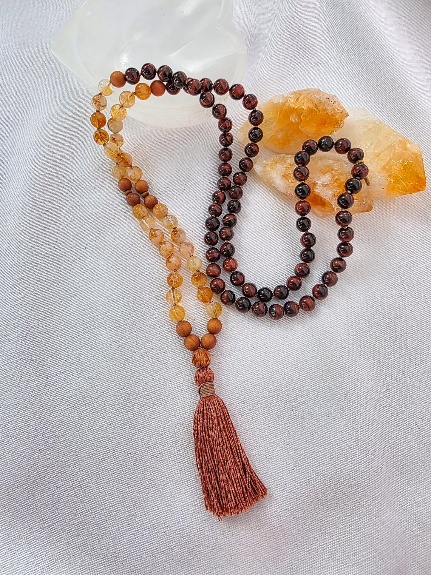 Fire Energy Mala Necklace  Citrine Red Tigers Eye Sandalwood Mala, 108 Bead Meditation Mala, Abundance Confidence Mala