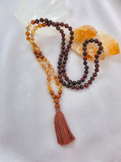 Fire Energy Mala Necklace  Citrine Red Tigers Eye Sandalwood Mala, 108 Bead Meditation Mala, Abundance Confidence Mala