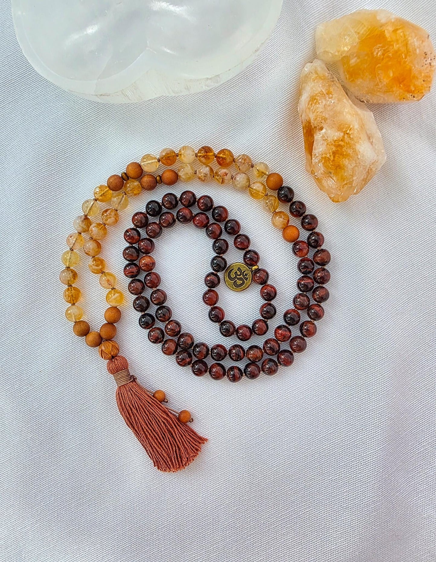 Fire Energy Mala Necklace  Citrine Red Tigers Eye Sandalwood Mala, 108 Bead Meditation Mala, Abundance Confidence Mala