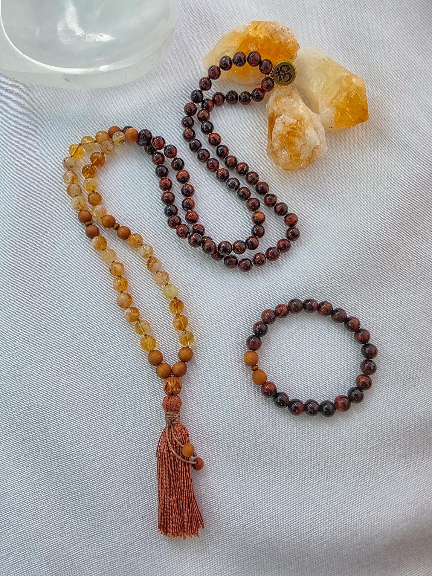 Fire Energy Mala Necklace  Citrine Red Tigers Eye Sandalwood Mala, 108 Bead Meditation Mala, Abundance Confidence Mala