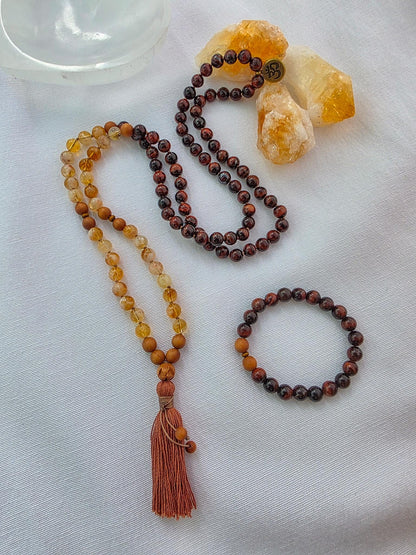 Fire Energy Mala Necklace  Citrine Red Tigers Eye Sandalwood Mala, 108 Bead Meditation Mala, Abundance Confidence Mala