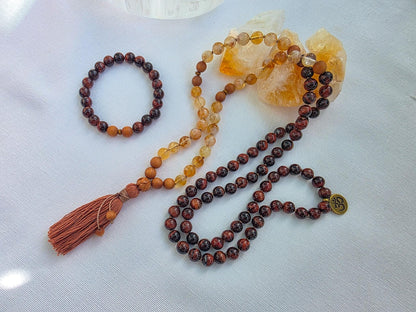 Fire Energy Mala Necklace  Citrine Red Tigers Eye Sandalwood Mala, 108 Bead Meditation Mala, Abundance Confidence Mala