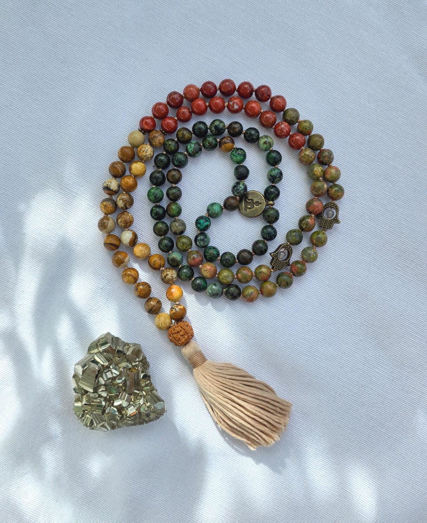 Earthy Mala Necklace  108 Hand-Knotted Beads with Picture Jasper, Unakite, Red Jasper & African Turquoise