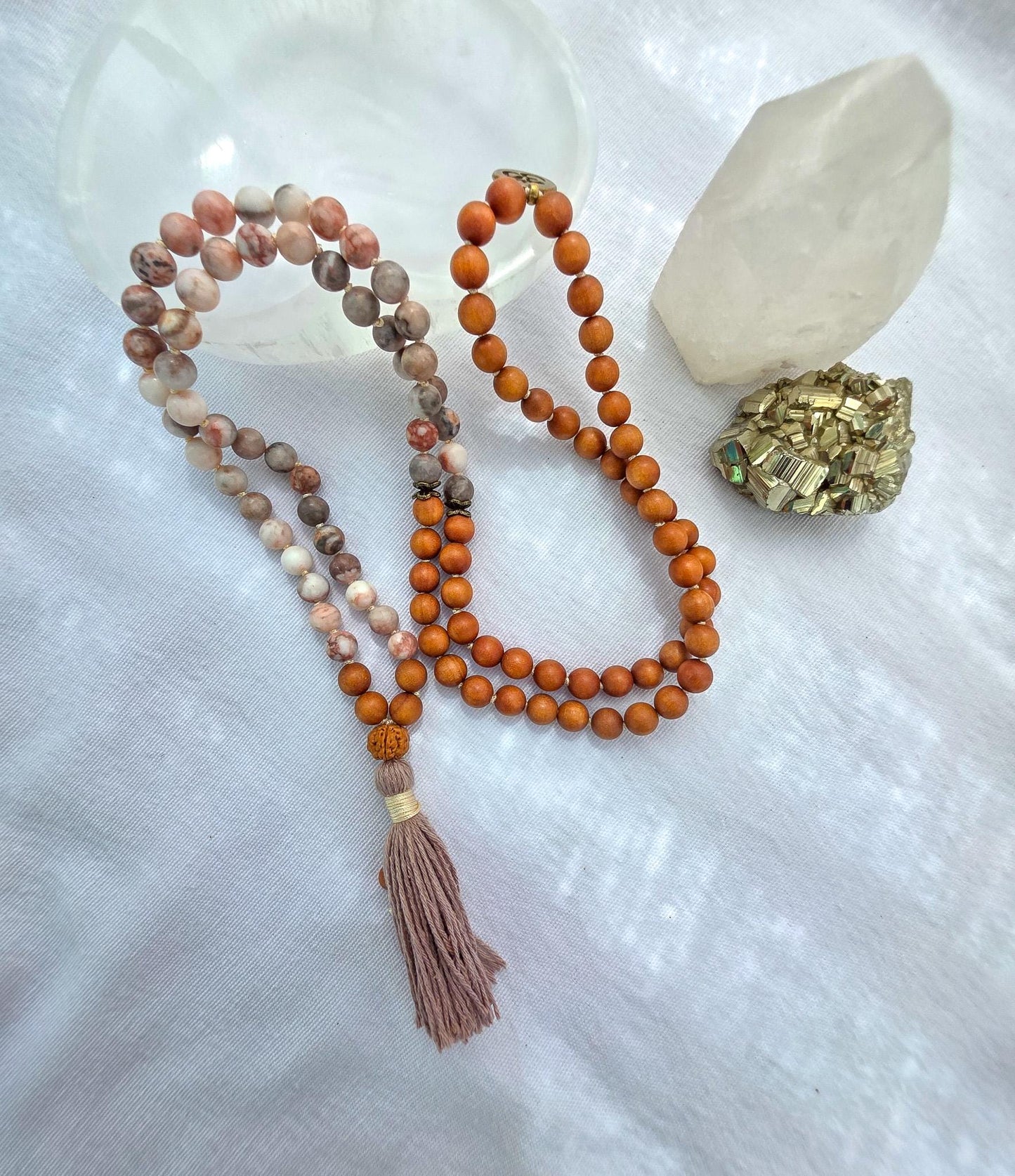 Grounding and Self-Love Mala Necklace  108 Bead Meditation Mala, Grounding Spiritual Prayer Beads, Pink Zebra Jasper & Sandalwood
