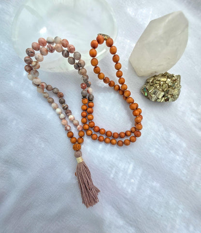 Grounding and Self-Love Mala Necklace  108 Bead Meditation Mala, Grounding Spiritual Prayer Beads, Pink Zebra Jasper & Sandalwood