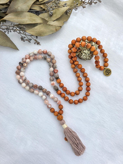 Grounding and Self-Love Mala Necklace  108 Bead Meditation Mala, Grounding Spiritual Prayer Beads, Pink Zebra Jasper & Sandalwood