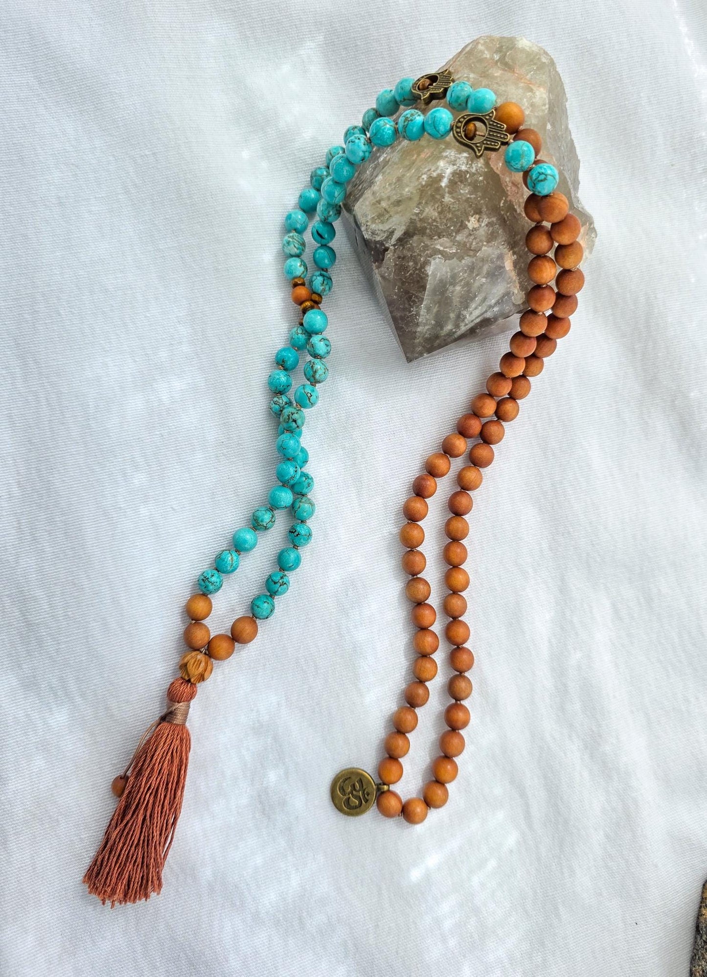Sandalwood & Turquoise Mala Necklace  108 Bead Meditation Mala, Hand Knotted Prayer Beads for Yoga, Mindfulness and Spiritual Healing