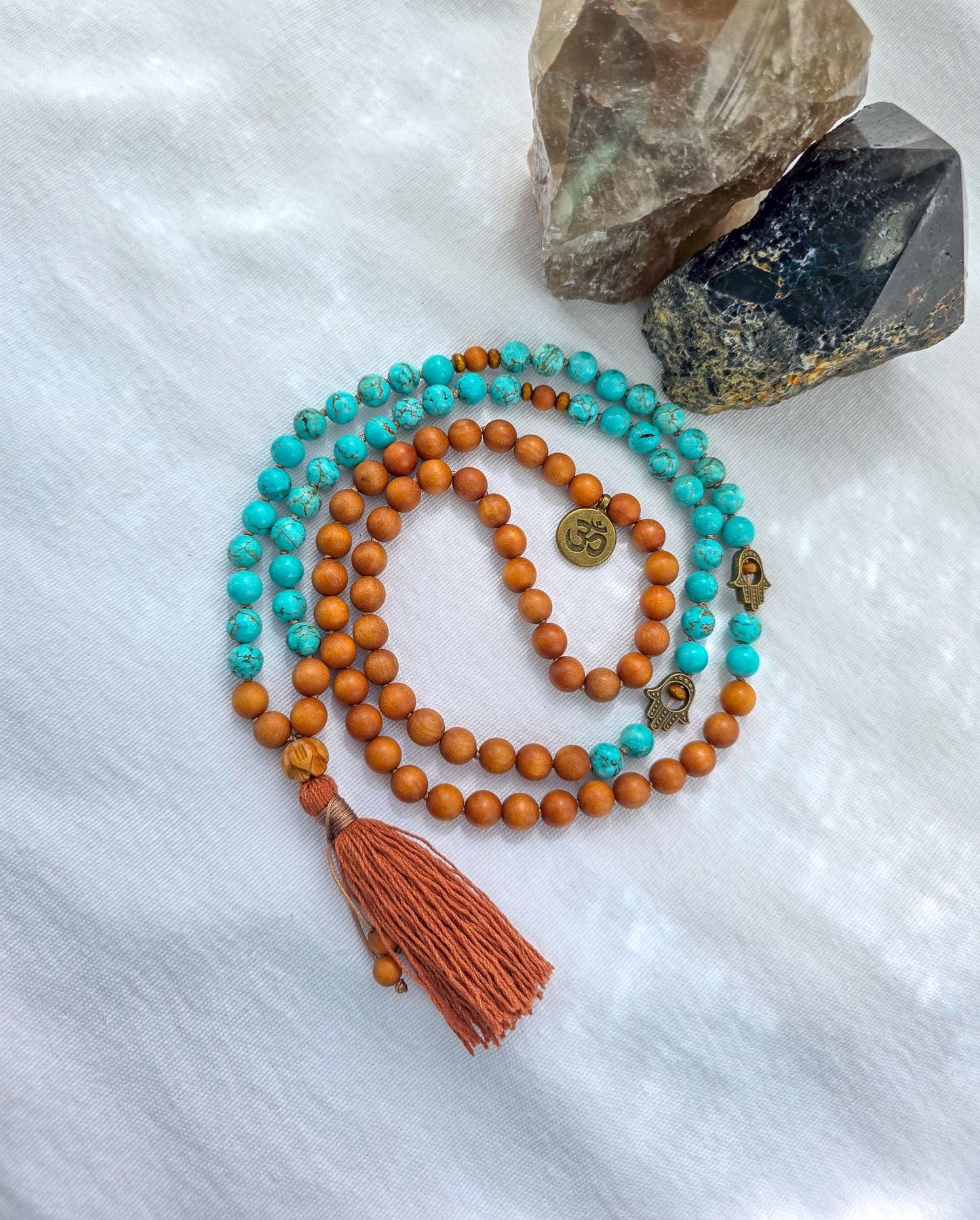 Sandalwood & Turquoise Mala Necklace  108 Bead Meditation Mala, Hand Knotted Prayer Beads for Yoga, Mindfulness and Spiritual Healing