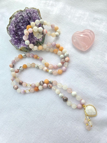 Kunzite Rose Quartz Mala Necklace  108 Bead Meditation Mala with Clear Quartz, Howlite & White Jade, Yoga Prayer Beads, Spiritual Jewelry