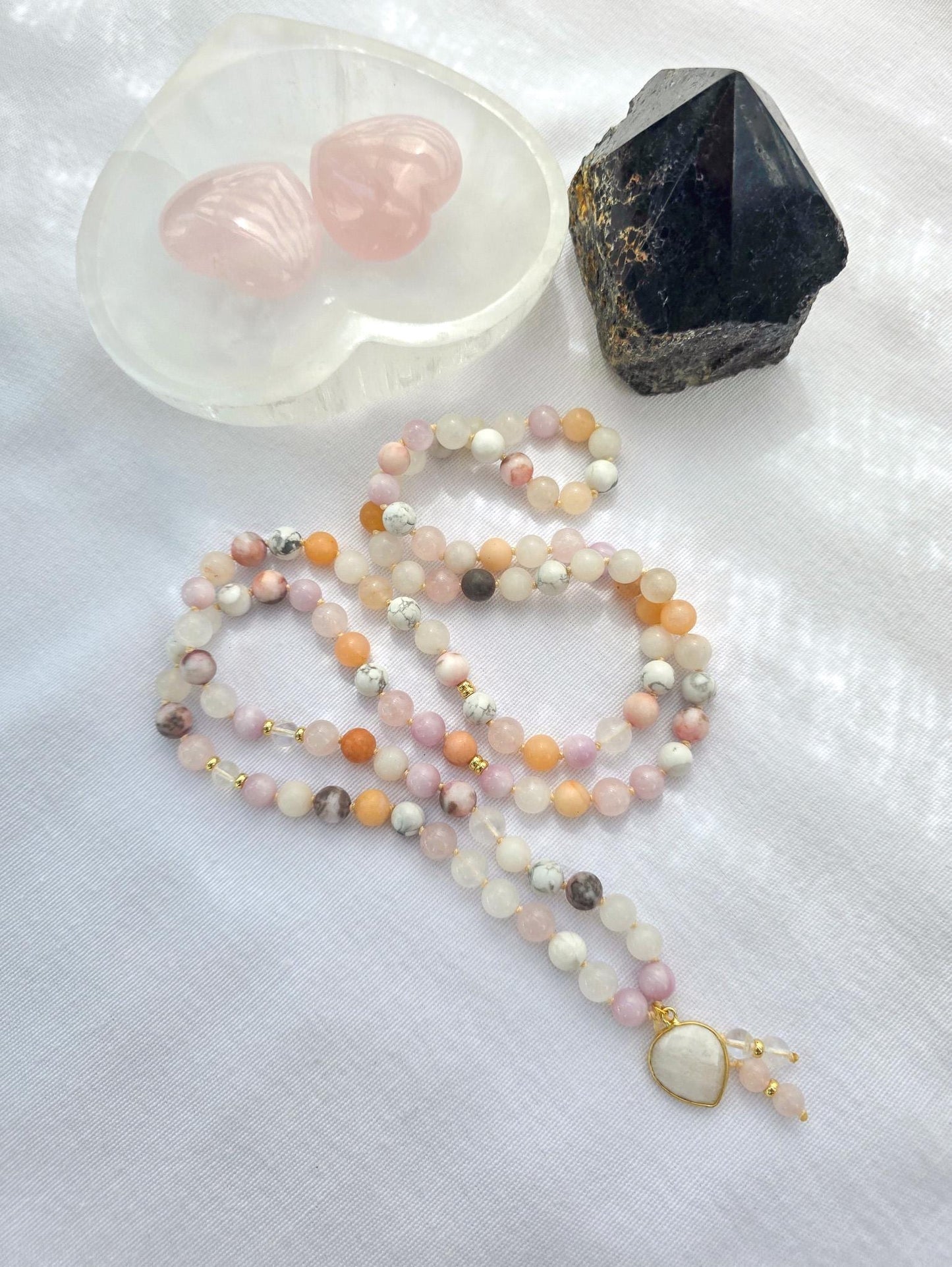 Kunzite Rose Quartz Mala Necklace  108 Bead Meditation Mala with Clear Quartz, Howlite & White Jade, Yoga Prayer Beads, Spiritual Jewelry