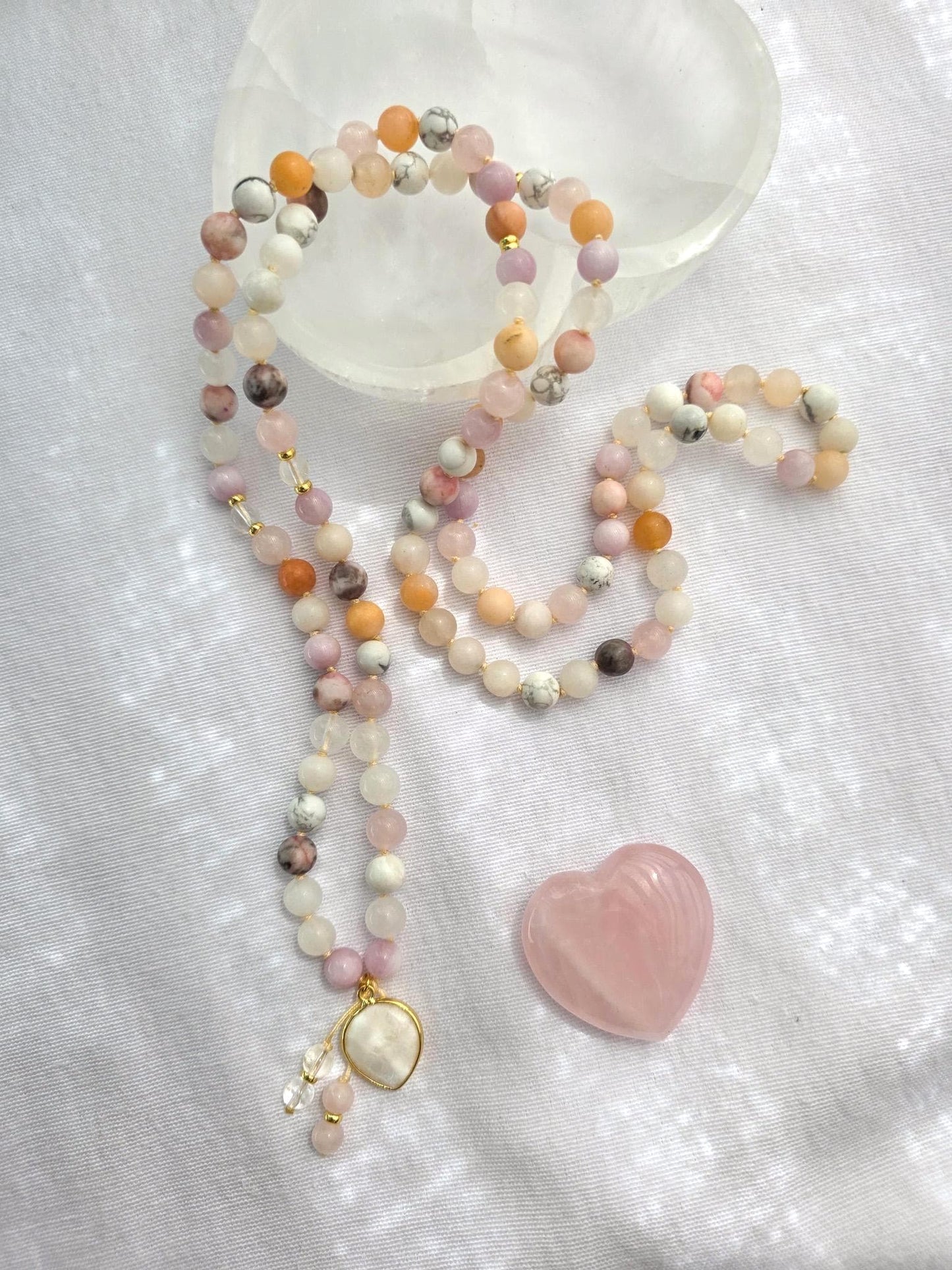 Kunzite Rose Quartz Mala Necklace  108 Bead Meditation Mala with Clear Quartz, Howlite & White Jade, Yoga Prayer Beads, Spiritual Jewelry