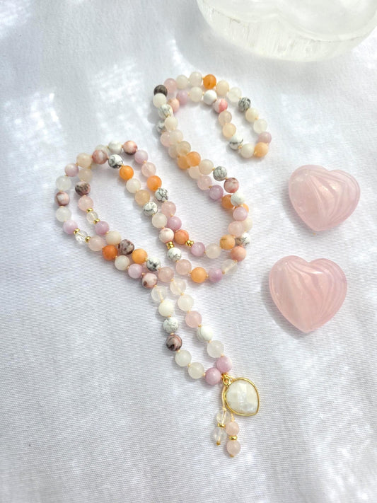 Kunzite Rose Quartz Mala Necklace  108 Bead Meditation Mala with Clear Quartz, Howlite & White Jade, Yoga Prayer Beads, Spiritual Jewelry