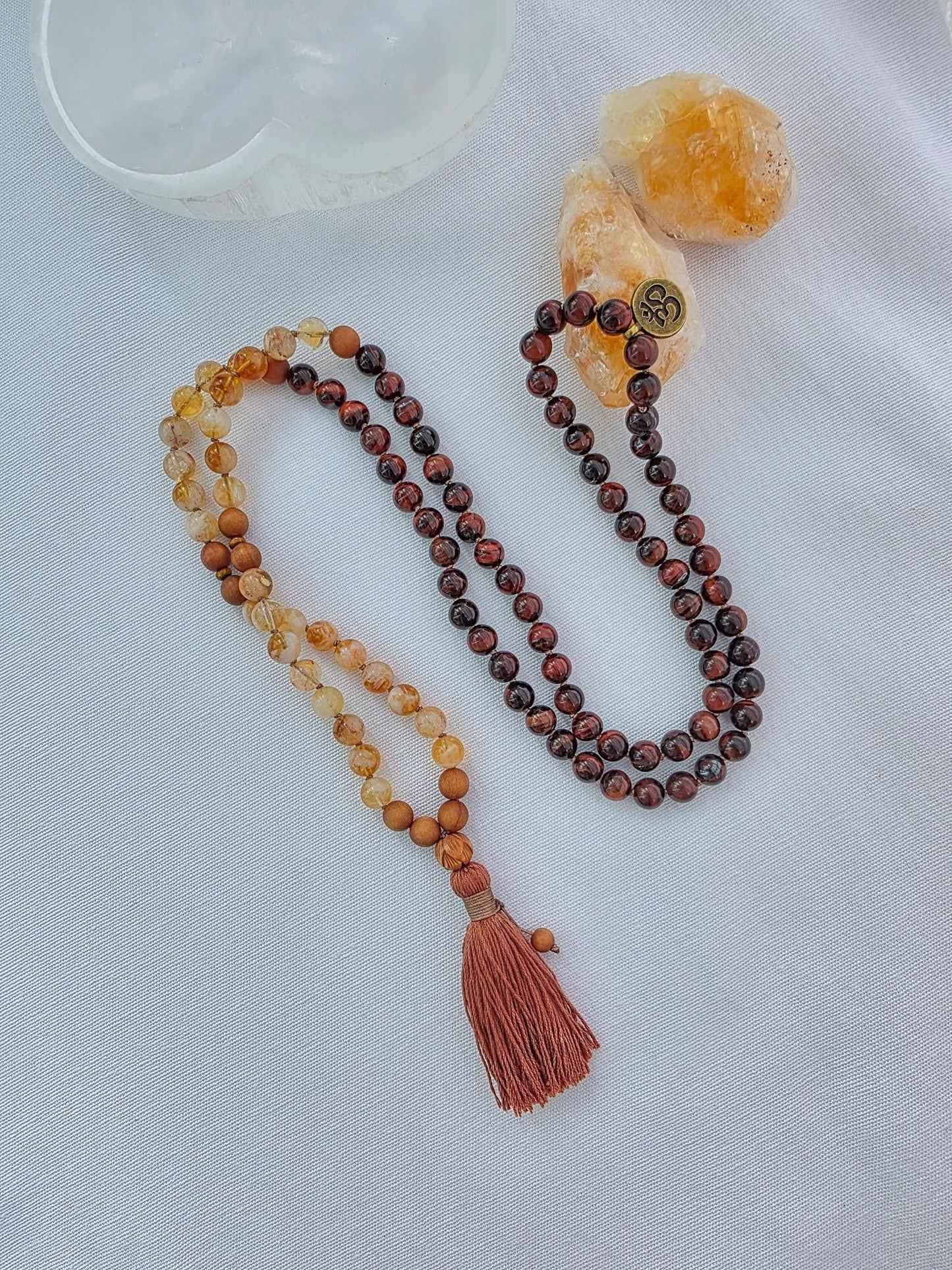Fire Energy Mala Necklace  Citrine Red Tigers Eye Sandalwood Mala, 108 Bead Meditation Mala, Abundance Confidence Mala