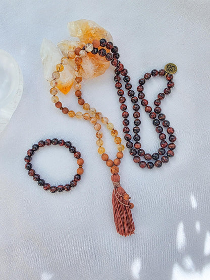 Fire Energy Mala Necklace  Citrine Red Tigers Eye Sandalwood Mala, 108 Bead Meditation Mala, Abundance Confidence Mala