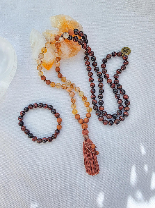 Fire Energy Mala Necklace  Citrine Red Tigers Eye Sandalwood Mala, 108 Bead Meditation Mala, Abundance Confidence Mala