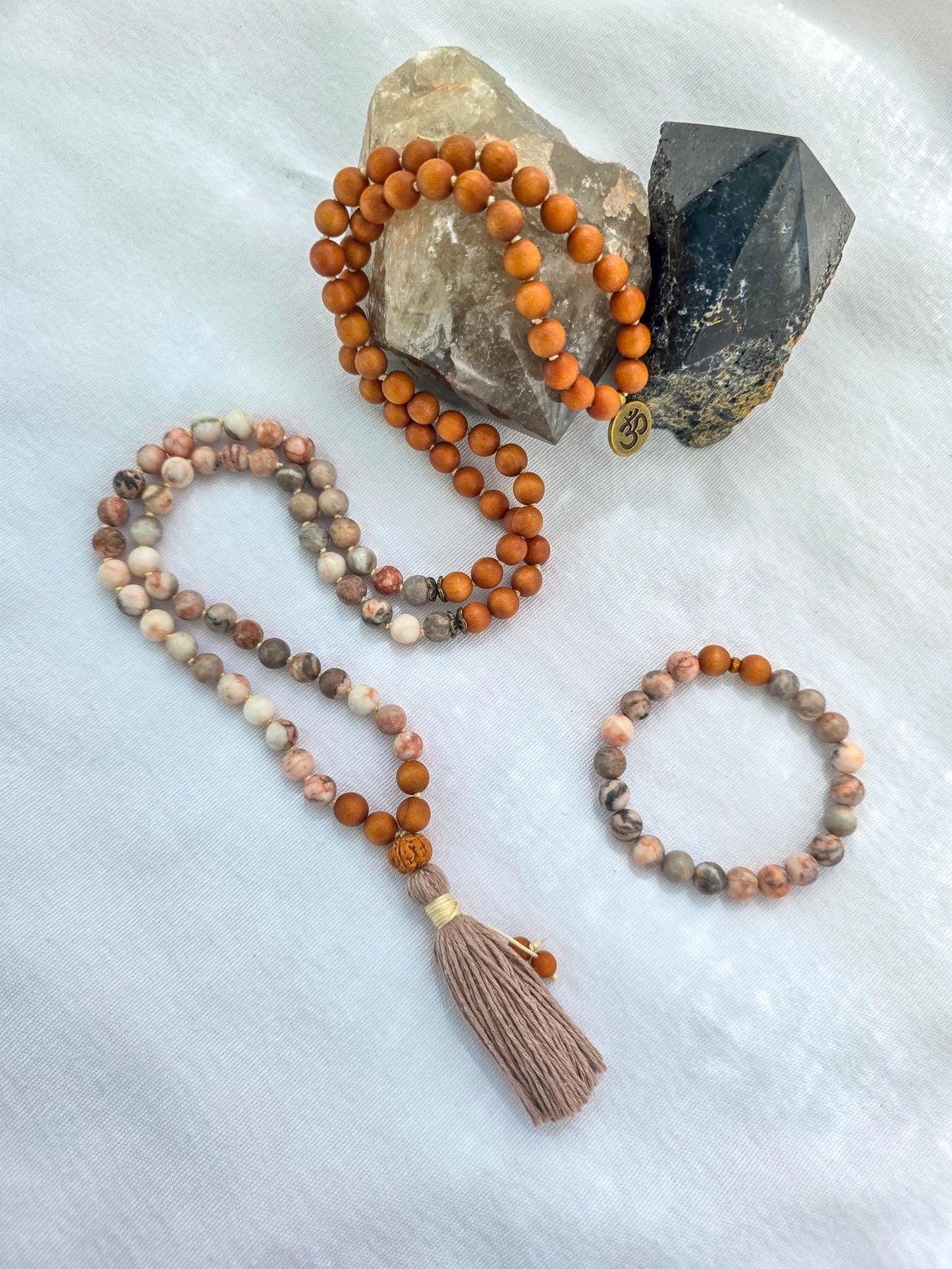 Grounding and Self-Love Mala Necklace  108 Bead Meditation Mala, Grounding Spiritual Prayer Beads, Pink Zebra Jasper & Sandalwood