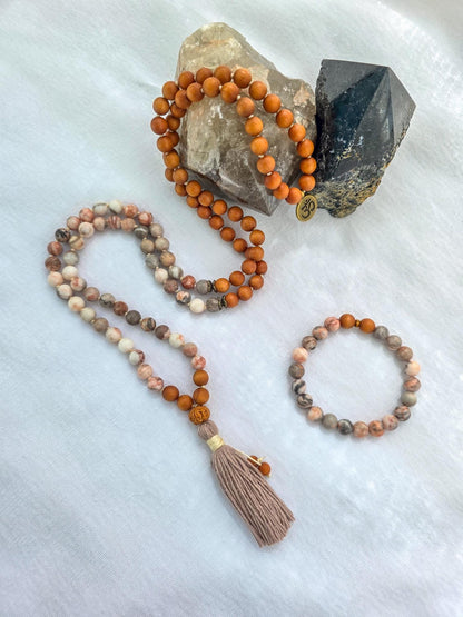Grounding and Self-Love Mala Necklace  108 Bead Meditation Mala, Grounding Spiritual Prayer Beads, Pink Zebra Jasper & Sandalwood