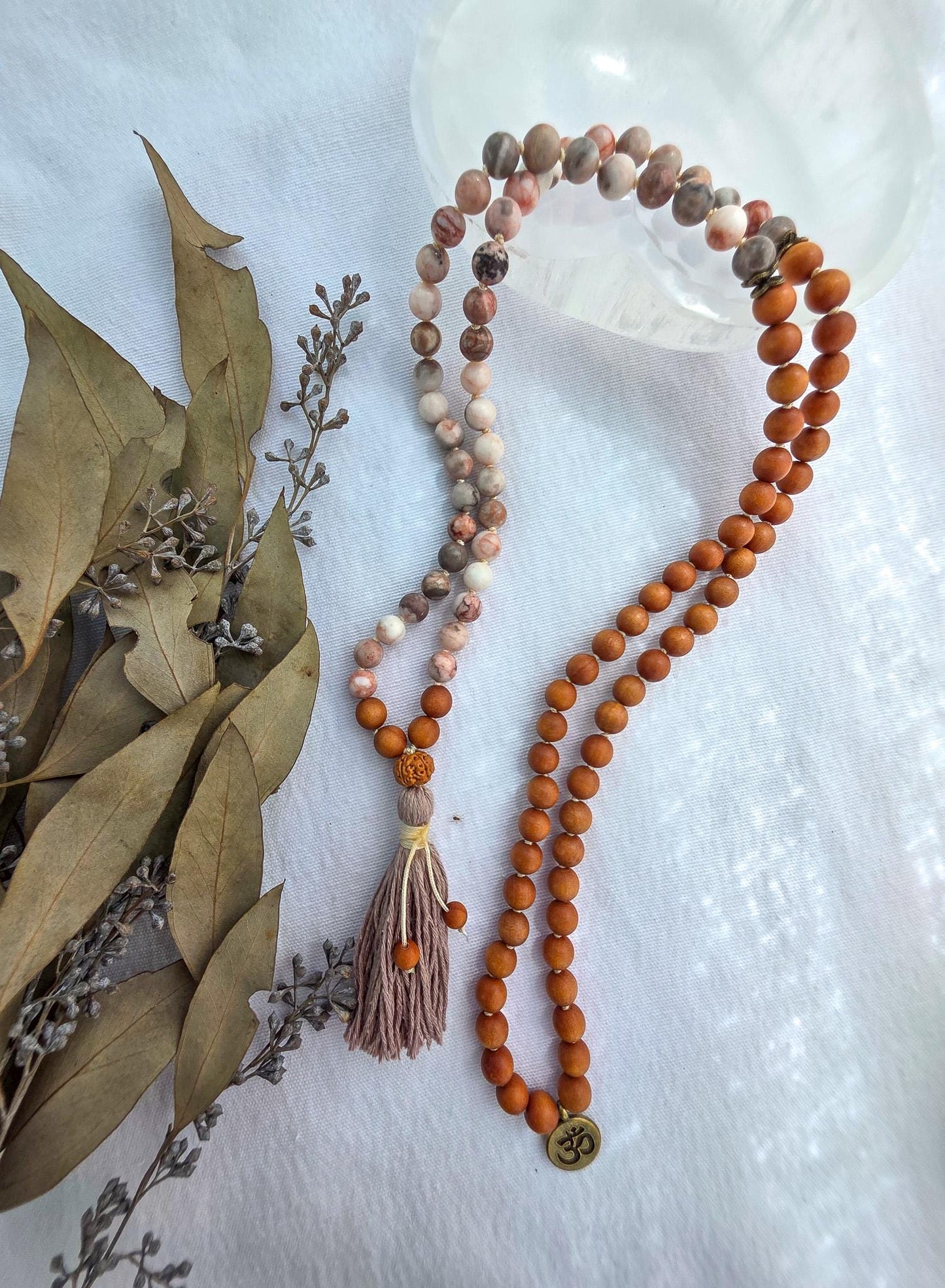 Grounding and Self-Love Mala Necklace  108 Bead Meditation Mala, Grounding Spiritual Prayer Beads, Pink Zebra Jasper & Sandalwood