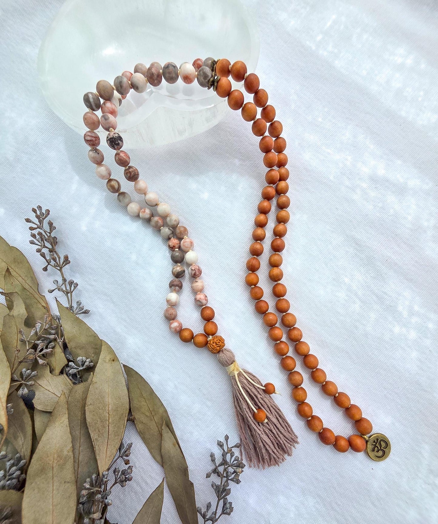 Grounding and Self-Love Mala Necklace  108 Bead Meditation Mala, Grounding Spiritual Prayer Beads, Pink Zebra Jasper & Sandalwood