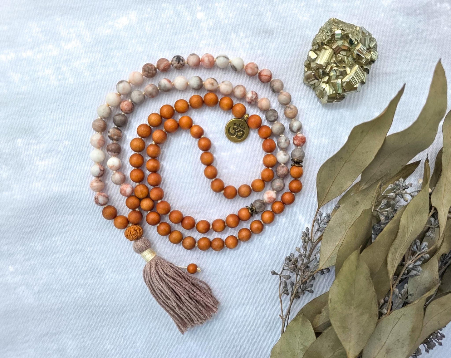 Grounding and Self-Love Mala Necklace  108 Bead Meditation Mala, Grounding Spiritual Prayer Beads, Pink Zebra Jasper & Sandalwood