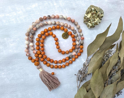 Grounding and Self-Love Mala Necklace  108 Bead Meditation Mala, Grounding Spiritual Prayer Beads, Pink Zebra Jasper & Sandalwood