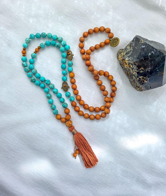 Sandalwood & Turquoise Mala Necklace  108 Bead Meditation Mala, Hand Knotted Prayer Beads for Yoga, Mindfulness and Spiritual Healing