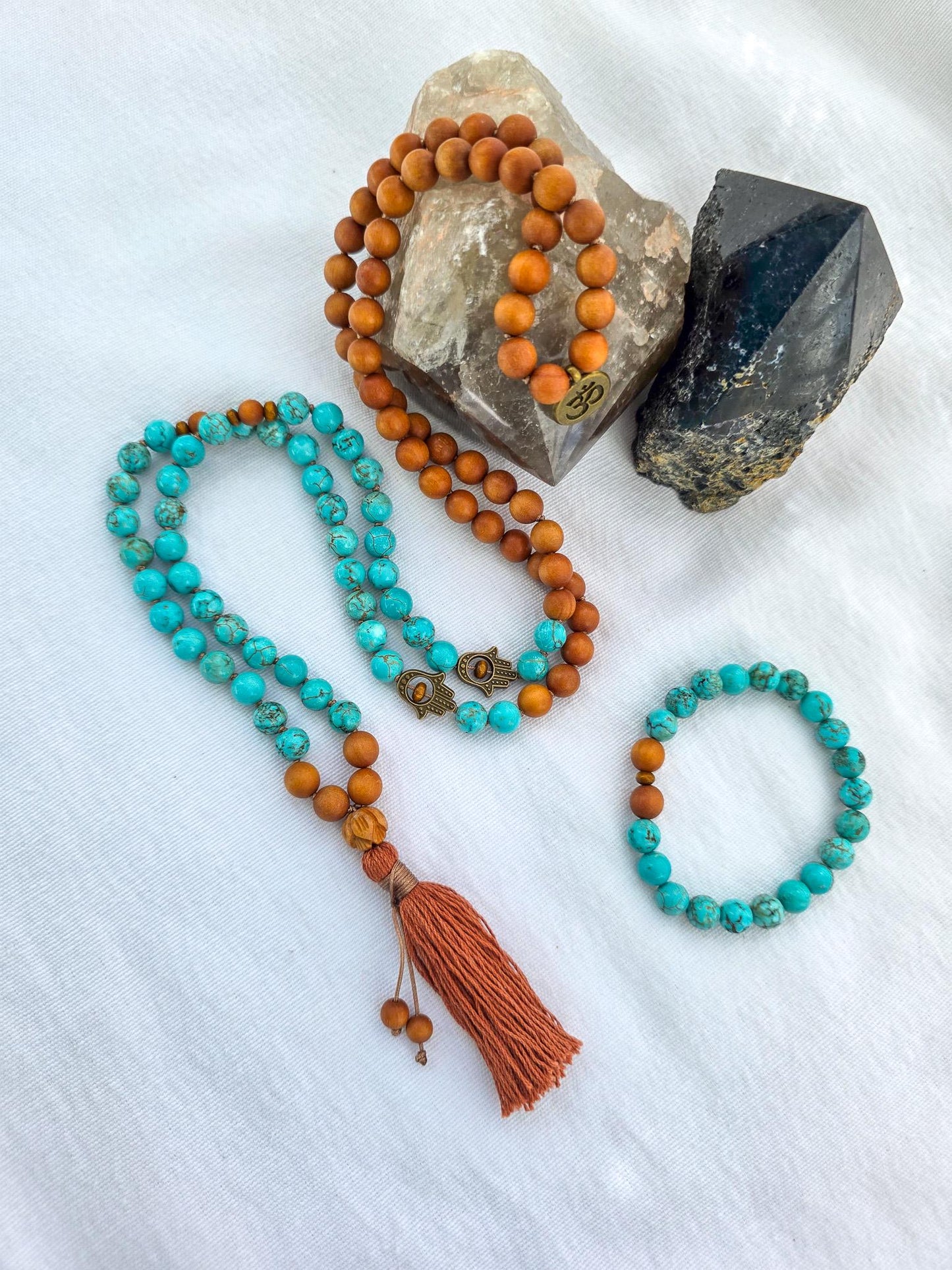 Sandalwood & Turquoise Mala Necklace  108 Bead Meditation Mala, Hand Knotted Prayer Beads for Yoga, Mindfulness and Spiritual Healing