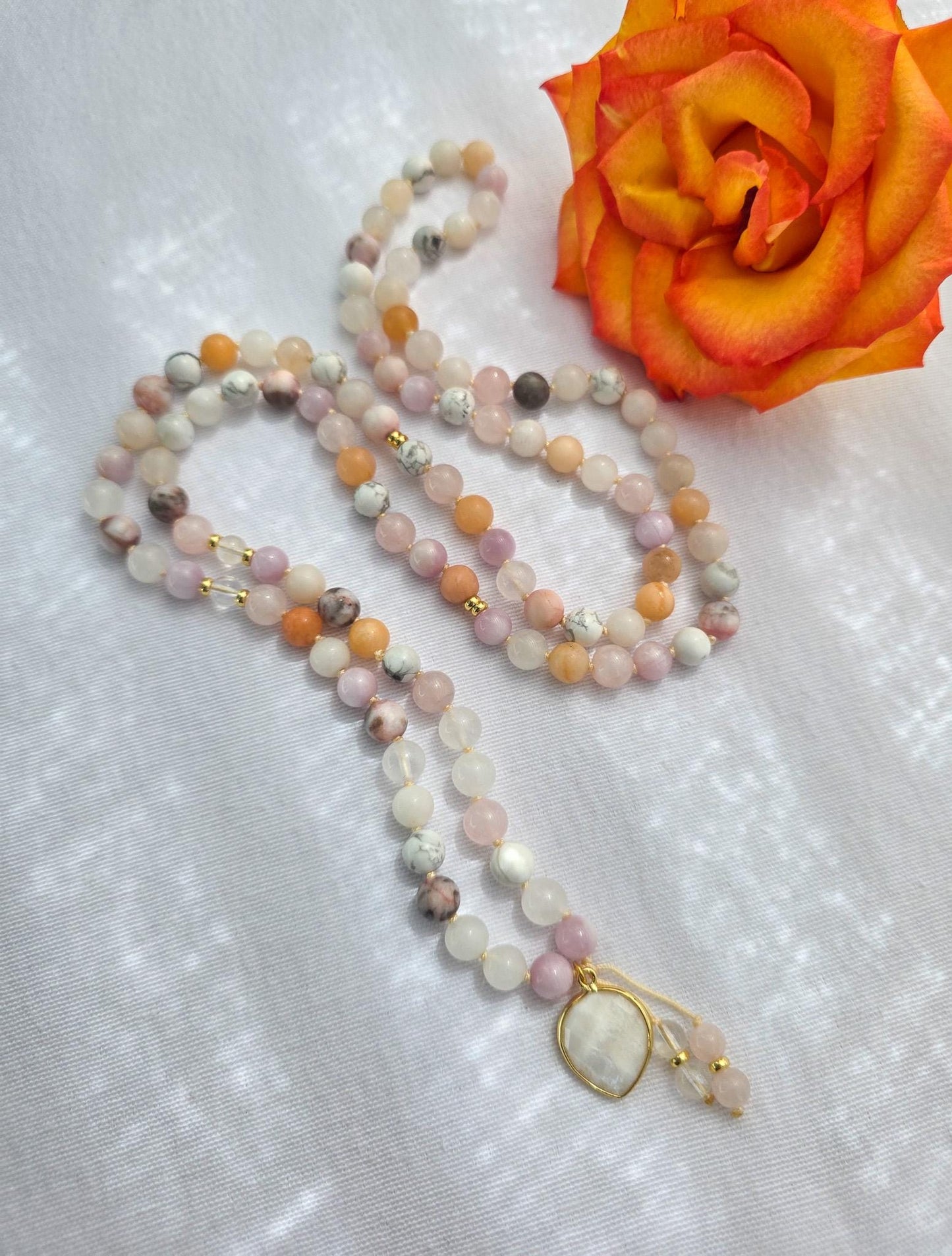 Kunzite Rose Quartz Mala Necklace  108 Bead Meditation Mala with Clear Quartz, Howlite & White Jade, Yoga Prayer Beads, Spiritual Jewelry