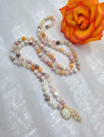 Kunzite Rose Quartz Mala Necklace  108 Bead Meditation Mala with Clear Quartz, Howlite & White Jade, Yoga Prayer Beads, Spiritual Jewelry