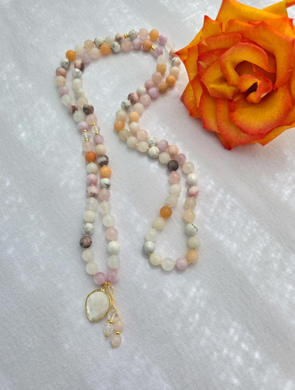 Kunzite Rose Quartz Mala Necklace  108 Bead Meditation Mala with Clear Quartz, Howlite & White Jade, Yoga Prayer Beads, Spiritual Jewelry