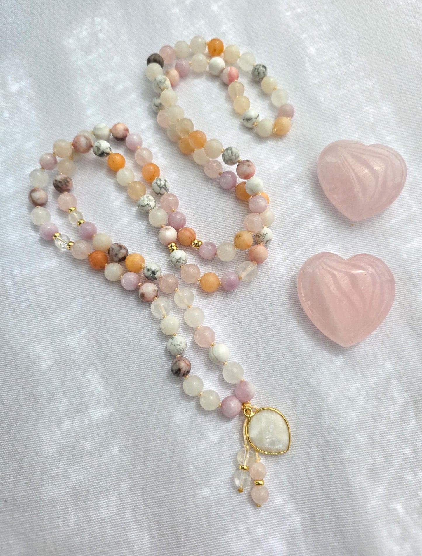 Kunzite Rose Quartz Mala Necklace  108 Bead Meditation Mala with Clear Quartz, Howlite & White Jade, Yoga Prayer Beads, Spiritual Jewelry