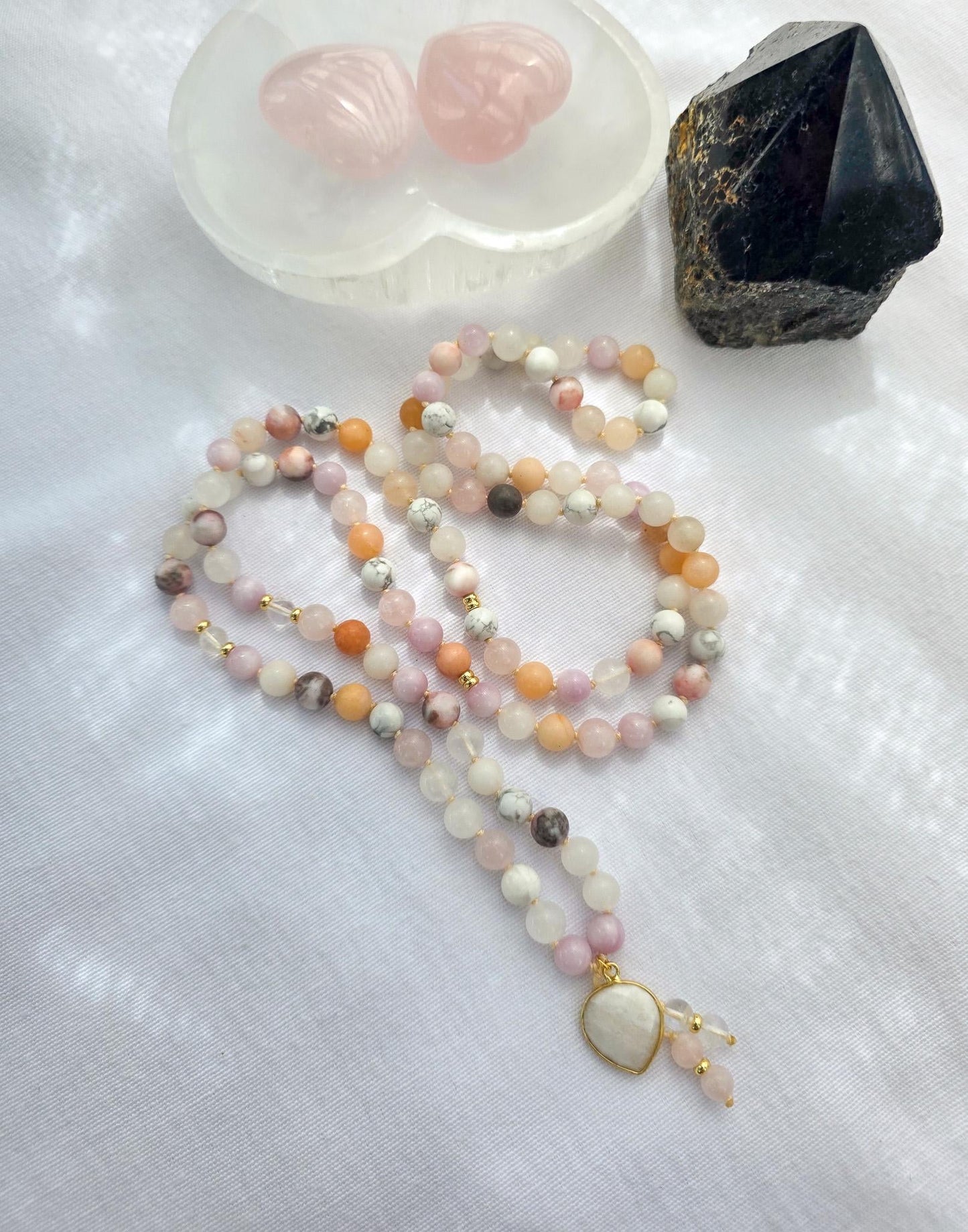 Kunzite Rose Quartz Mala Necklace  108 Bead Meditation Mala with Clear Quartz, Howlite & White Jade, Yoga Prayer Beads, Spiritual Jewelry