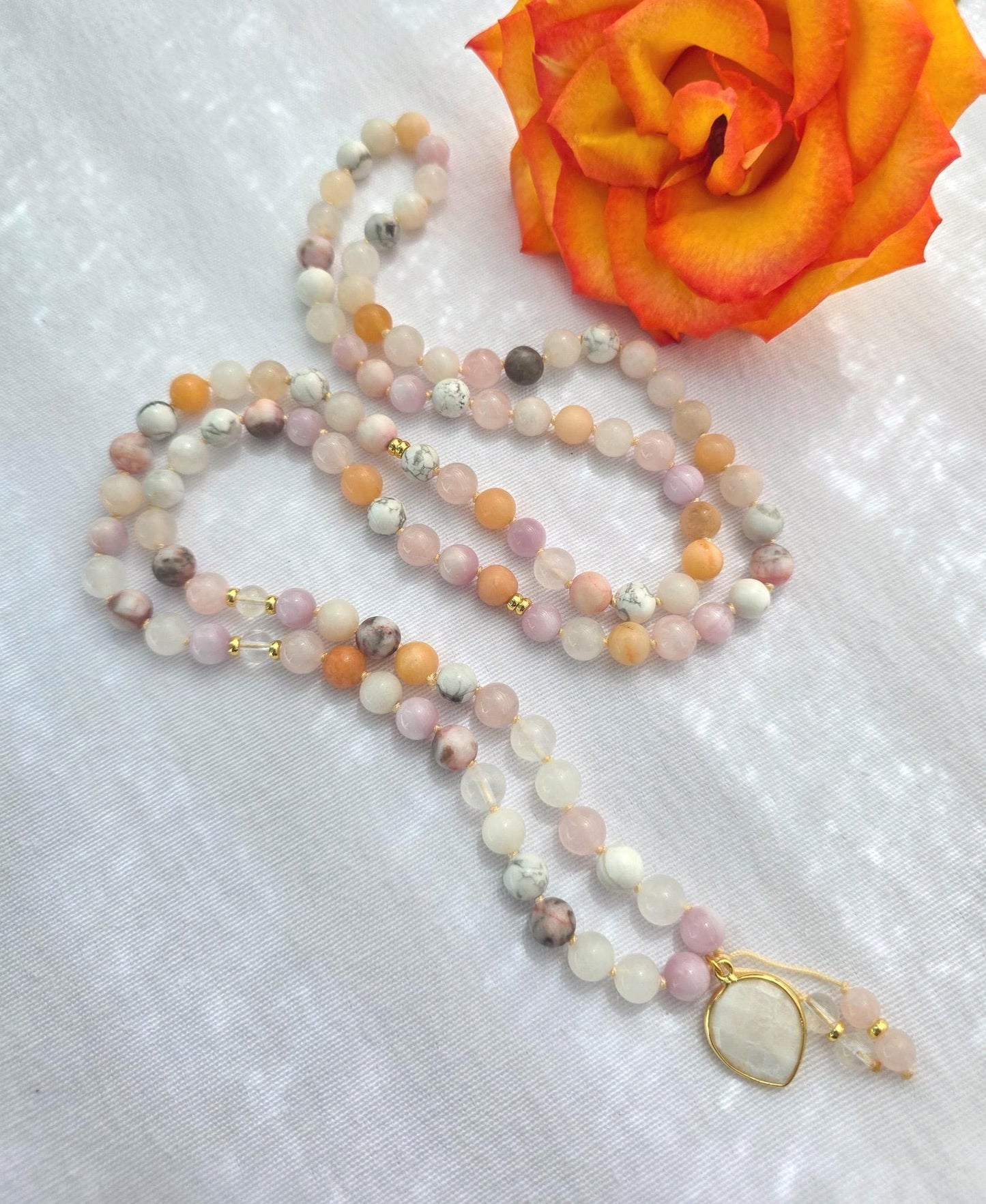 Kunzite Rose Quartz Mala Necklace  108 Bead Meditation Mala with Clear Quartz, Howlite & White Jade, Yoga Prayer Beads, Spiritual Jewelry
