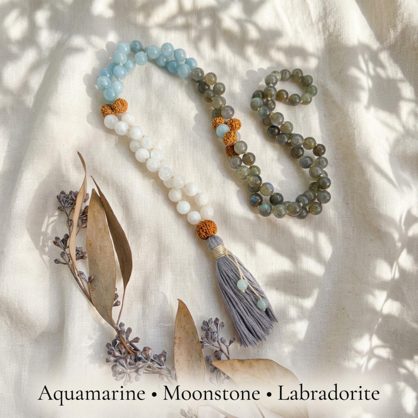 Intuitive Healing Mala Beads  Aquamarine, Moonstone & Labradorite  108 Knotted Meditation Necklace  Calming Spiritual Jewelry Gift