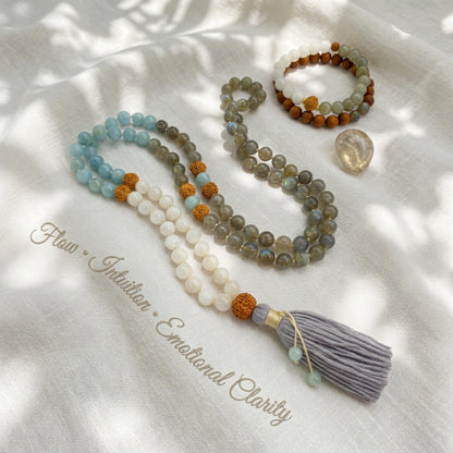 Intuitive Healing Mala Beads  Aquamarine, Moonstone & Labradorite  108 Knotted Meditation Necklace  Calming Spiritual Jewelry Gift