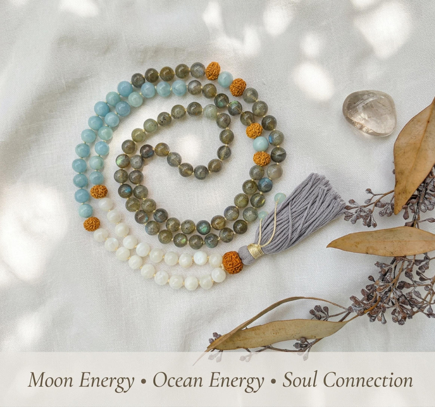 Intuitive Healing Mala Beads  Aquamarine, Moonstone & Labradorite  108 Knotted Meditation Necklace  Calming Spiritual Jewelry Gift