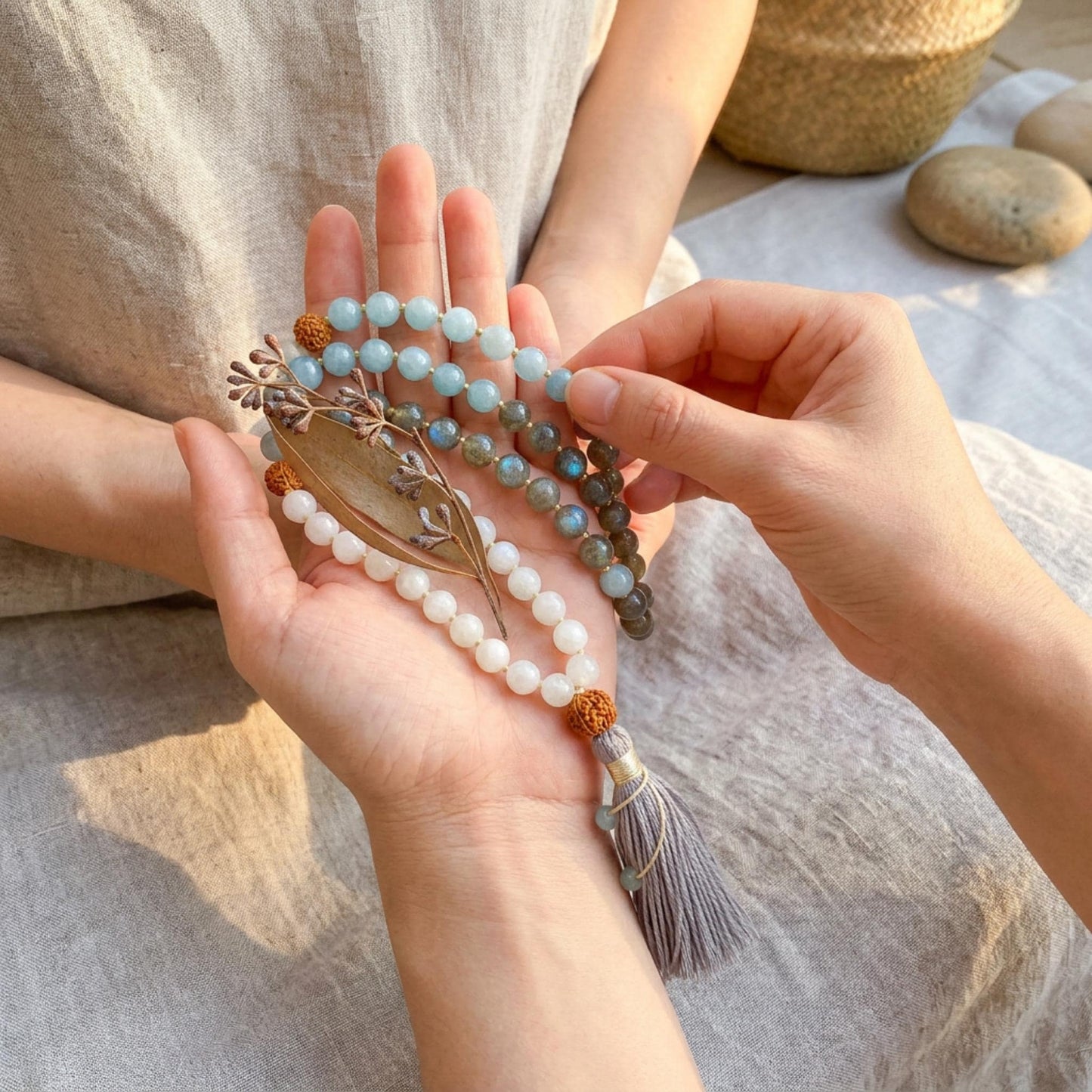 Intuitive Healing Mala Beads  Aquamarine, Moonstone & Labradorite  108 Knotted Meditation Necklace  Calming Spiritual Jewelry Gift