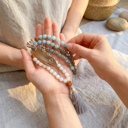 Intuitive Healing Mala Beads  Aquamarine, Moonstone & Labradorite  108 Knotted Meditation Necklace  Calming Spiritual Jewelry Gift