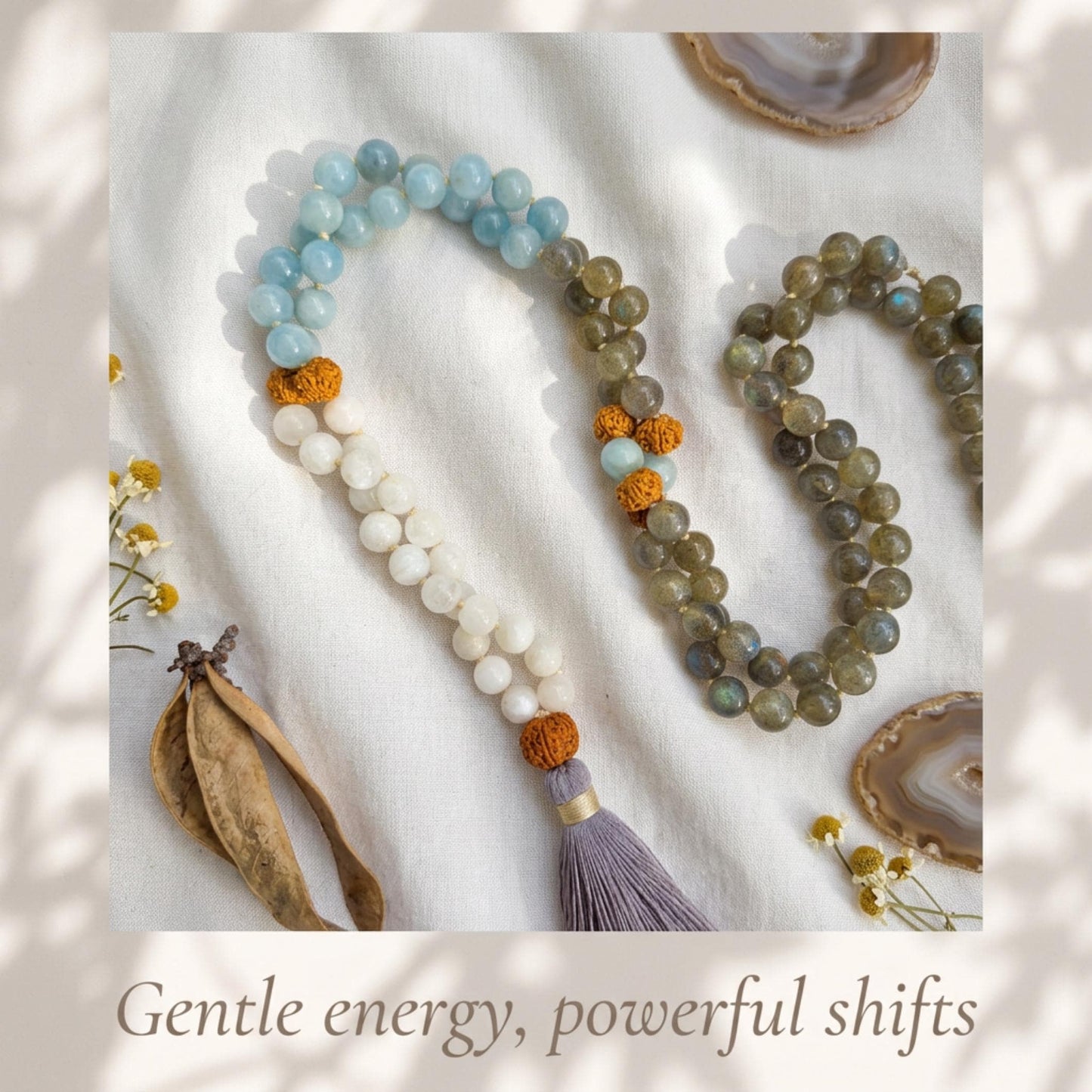 Intuitive Healing Mala Beads  Aquamarine, Moonstone & Labradorite  108 Knotted Meditation Necklace  Calming Spiritual Jewelry Gift