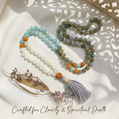 Intuitive Healing Mala Beads  Aquamarine, Moonstone & Labradorite  108 Knotted Meditation Necklace  Calming Spiritual Jewelry Gift