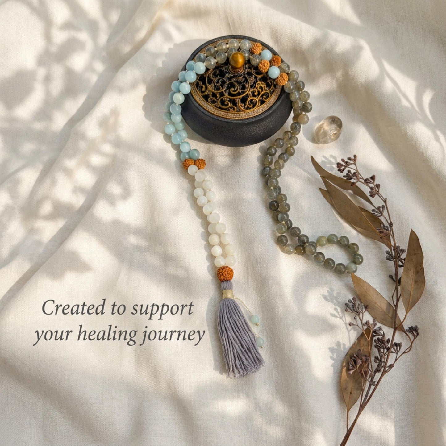 Intuitive Healing Mala Beads  Aquamarine, Moonstone & Labradorite  108 Knotted Meditation Necklace  Calming Spiritual Jewelry Gift