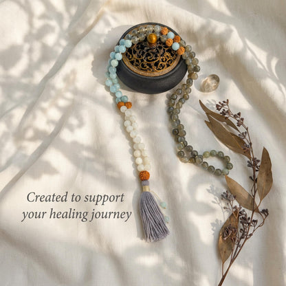 Intuitive Healing Mala Beads  Aquamarine, Moonstone & Labradorite  108 Knotted Meditation Necklace  Calming Spiritual Jewelry Gift