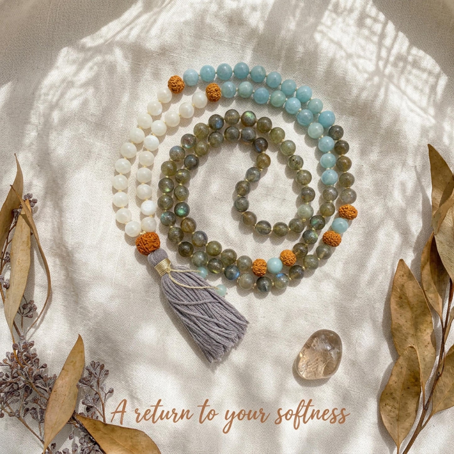 Intuitive Healing Mala Beads  Aquamarine, Moonstone & Labradorite  108 Knotted Meditation Necklace  Calming Spiritual Jewelry Gift